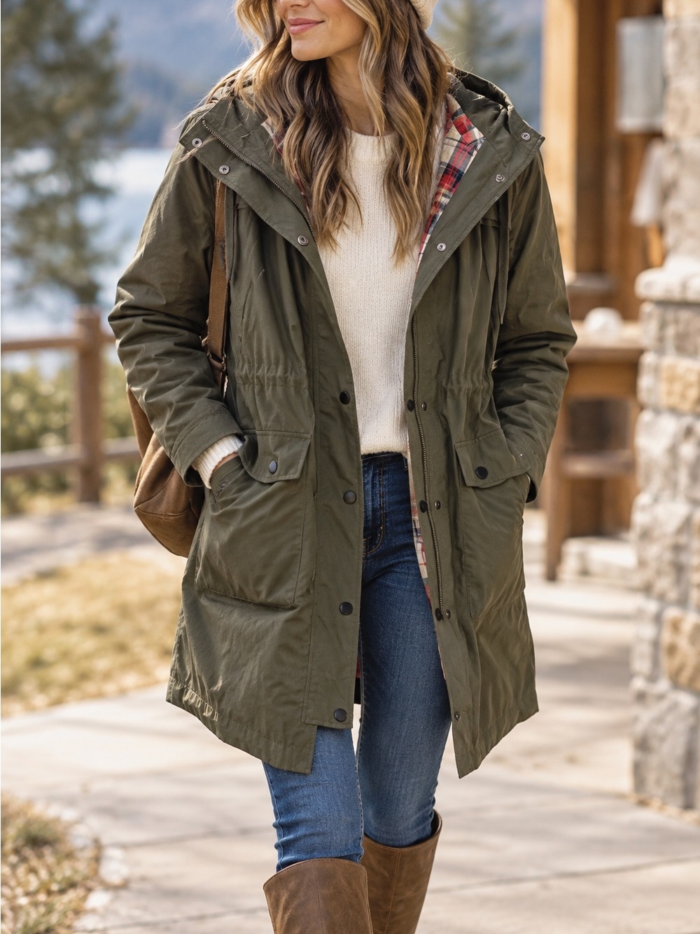 Saphirose Women's Olive Green Hooded Parka Jacket flannel lined M